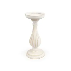 פמוט עץ מוברש לבן מעוצב וינטג'